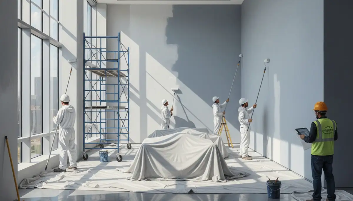 Commercial painters in Oak Park, IL applying durable exterior paint to a business property