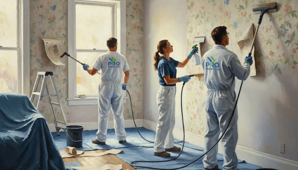 Oak Park, IL wallpaper removal team stripping old wallpaper and prepping walls for painting
